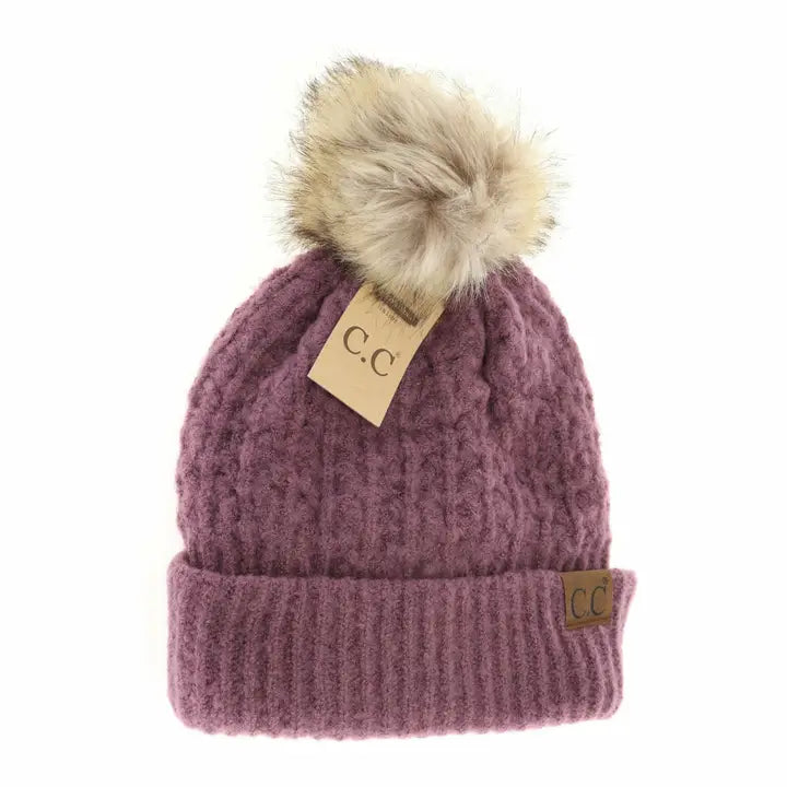 Solid Smocked Stitch Fur Pom Beanie with Fuzzy Inside | MULTIPLE COLORS