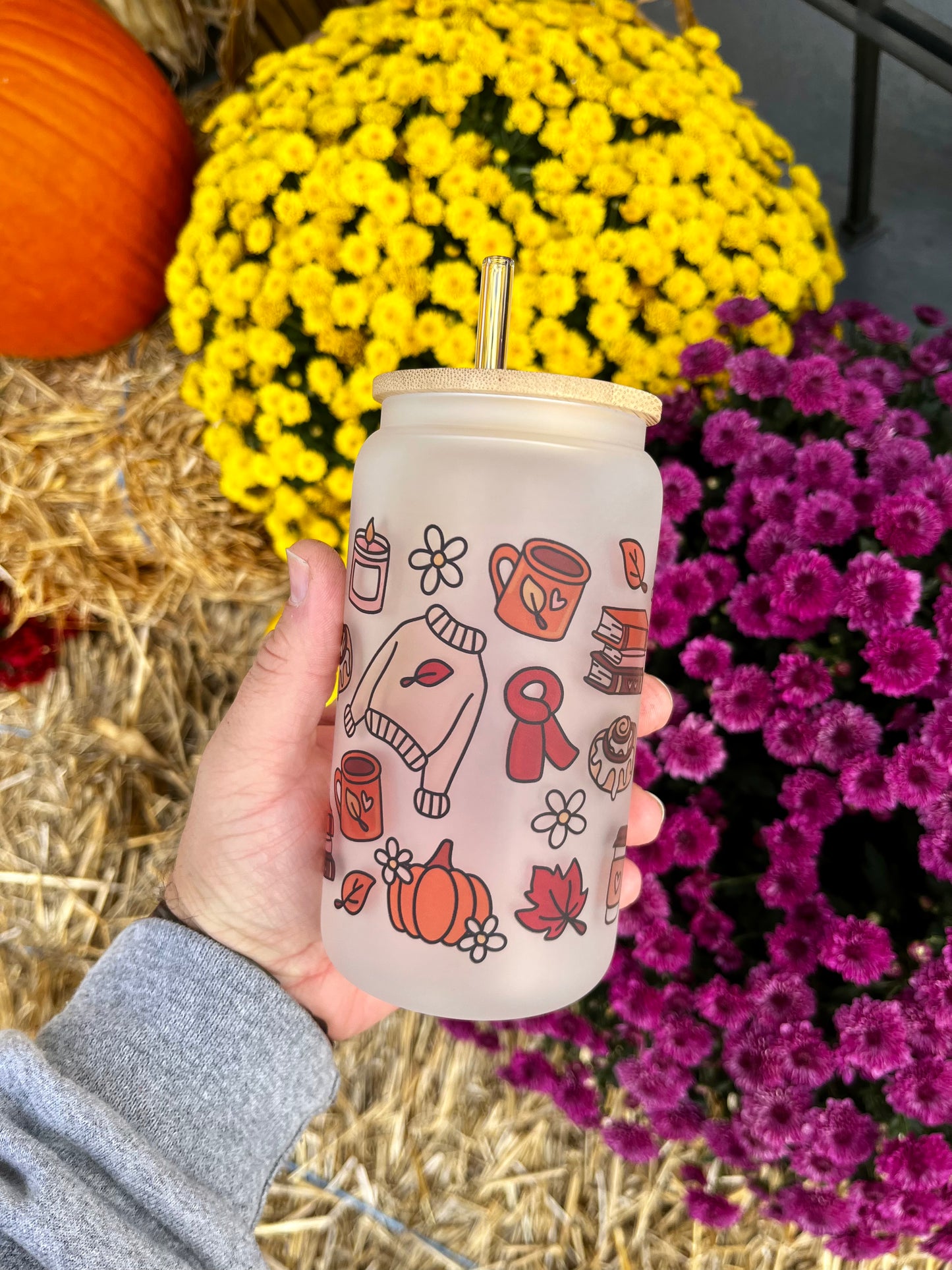 Cozy Fall Glass Tumbler with Bamboo Lid