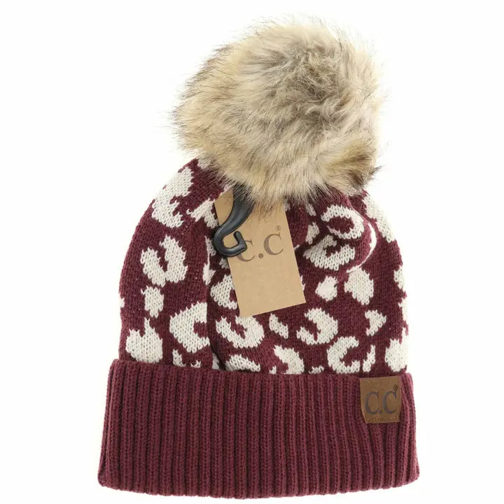 Burgundy Leopard Fur Pom Beanie