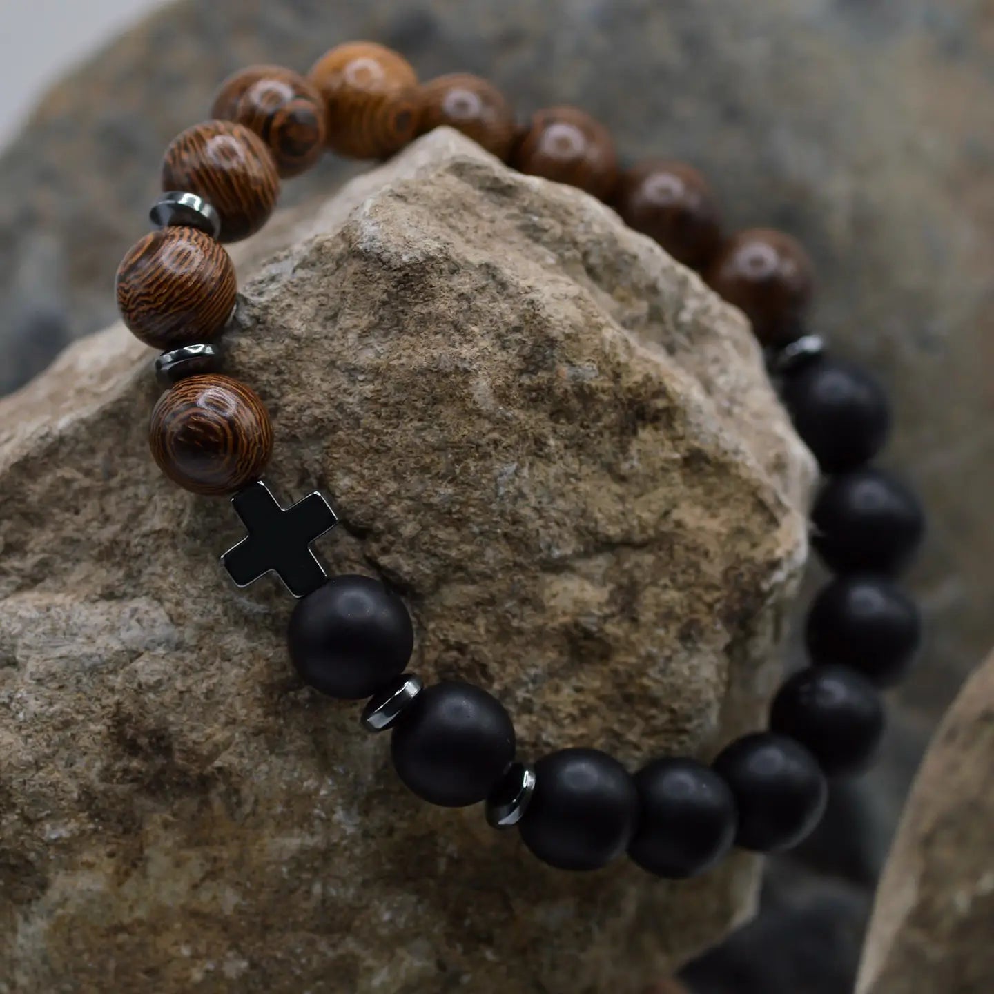 Wood + Black Onyx Cross Bead Bracelet