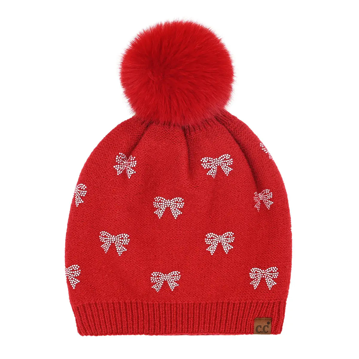 Allover Mini Rhinestone Faux Fur Pom Beanie