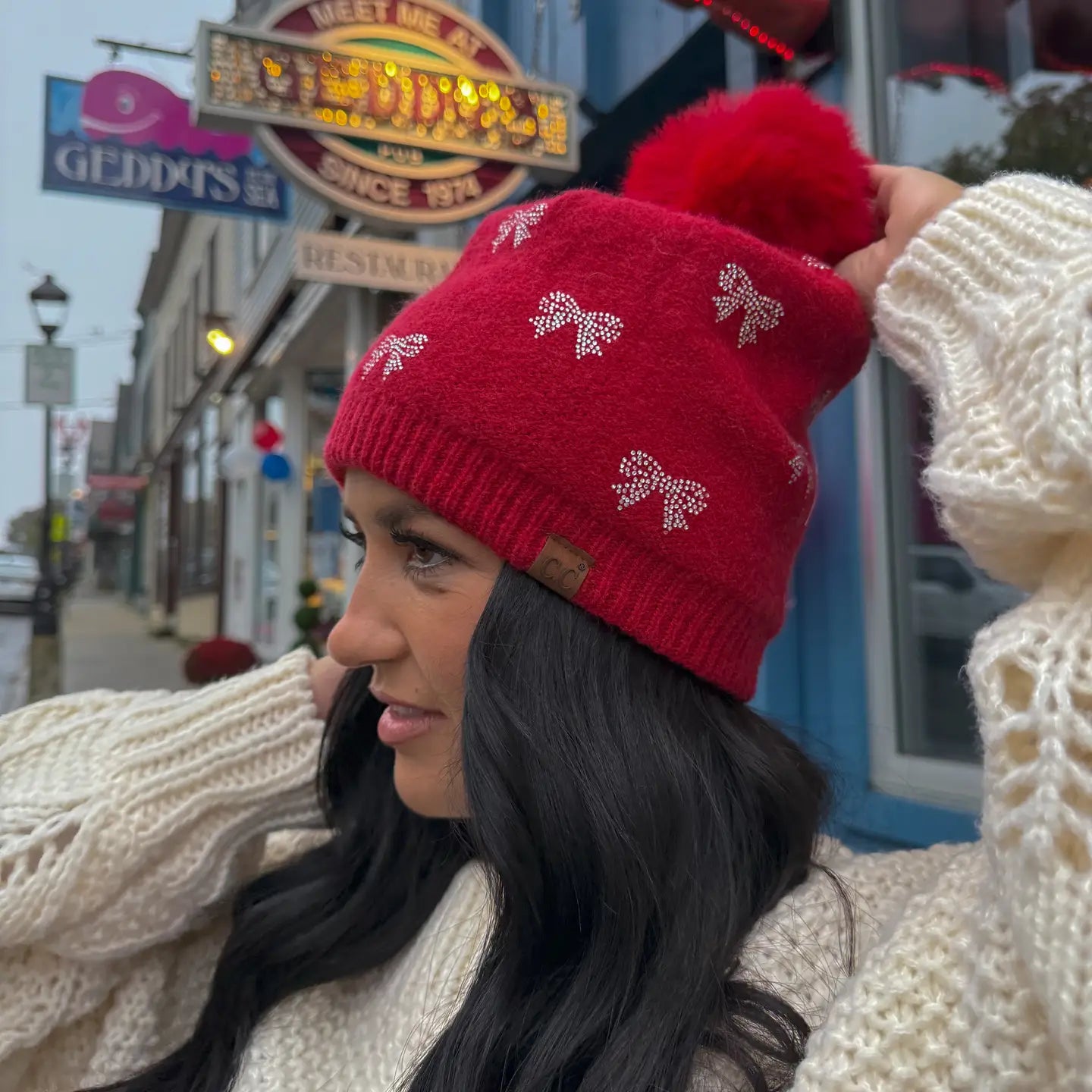 Allover Mini Rhinestone Faux Fur Pom Beanie