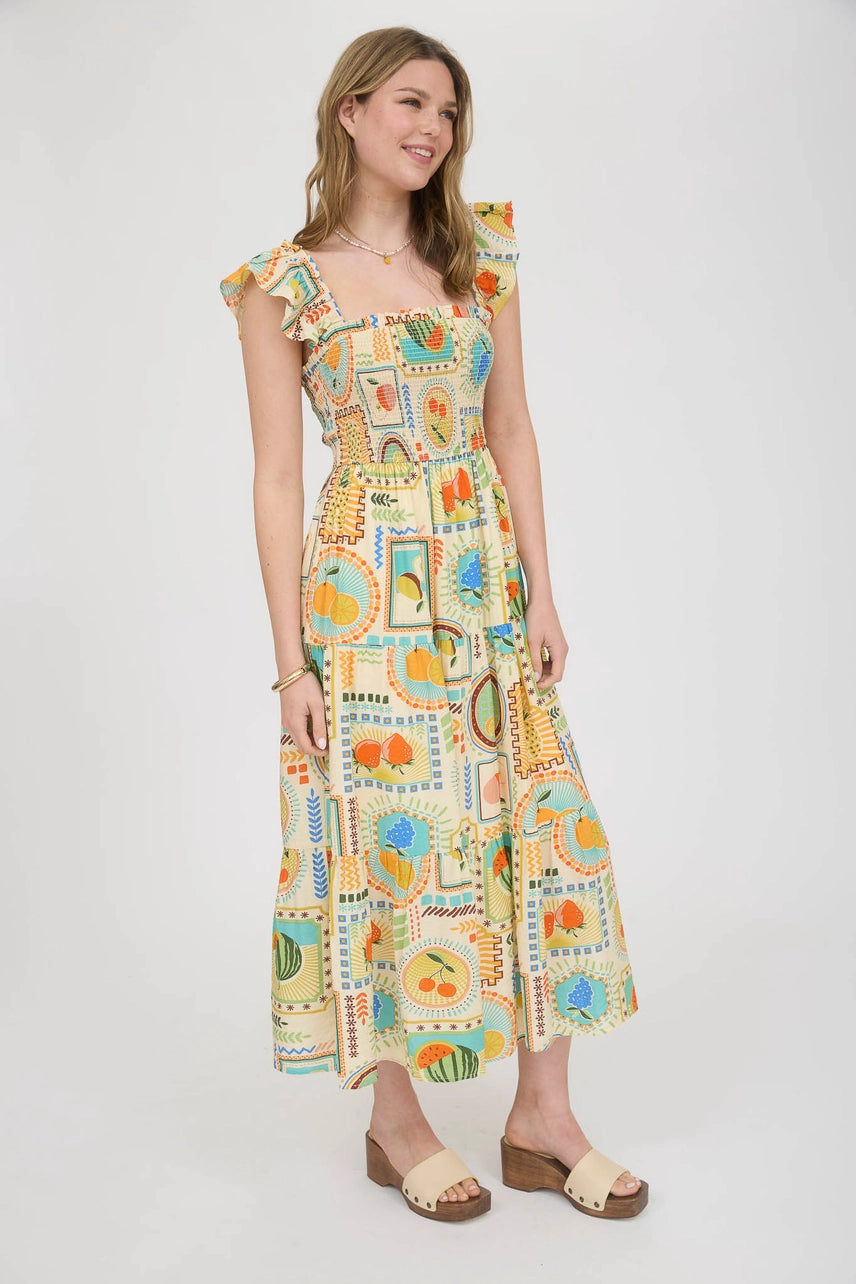 Mia Fruit Print Smocked Midi Dress