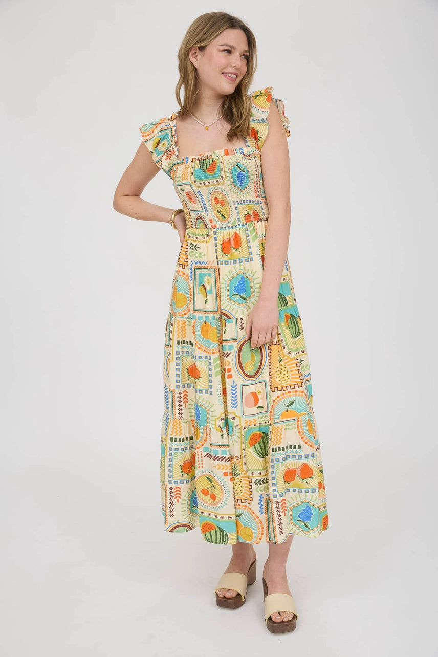 Mia Fruit Print Smocked Midi Dress