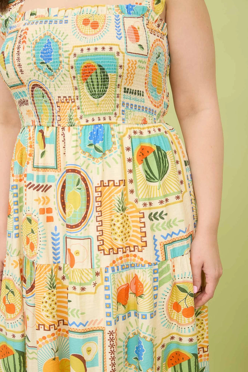 Mia Fruit Print Smocked Midi Dress