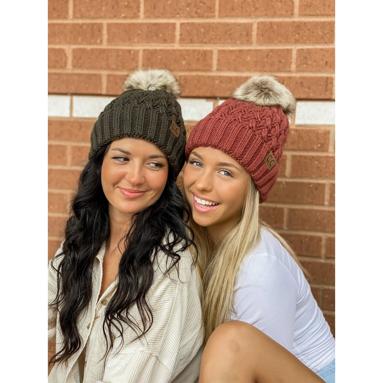 C.C. Solid Lattice Stitch Fur Pom Beanie