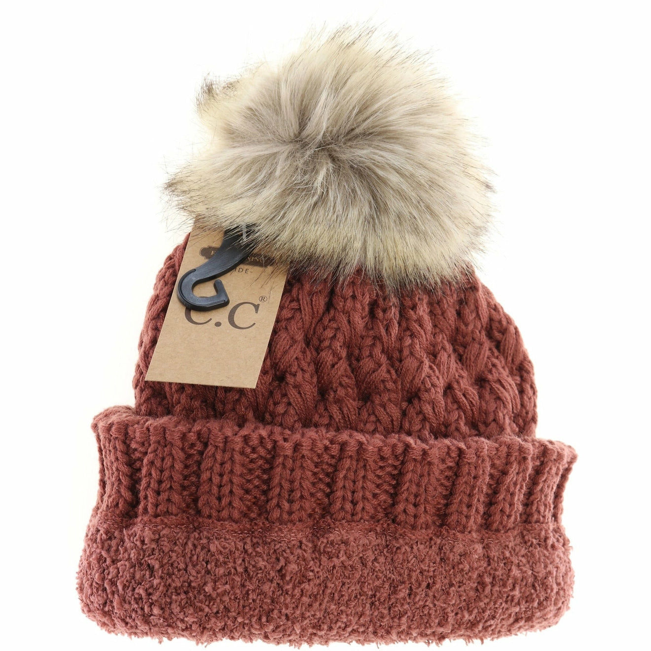 C.C. Solid Lattice Stitch Fur Pom Beanie