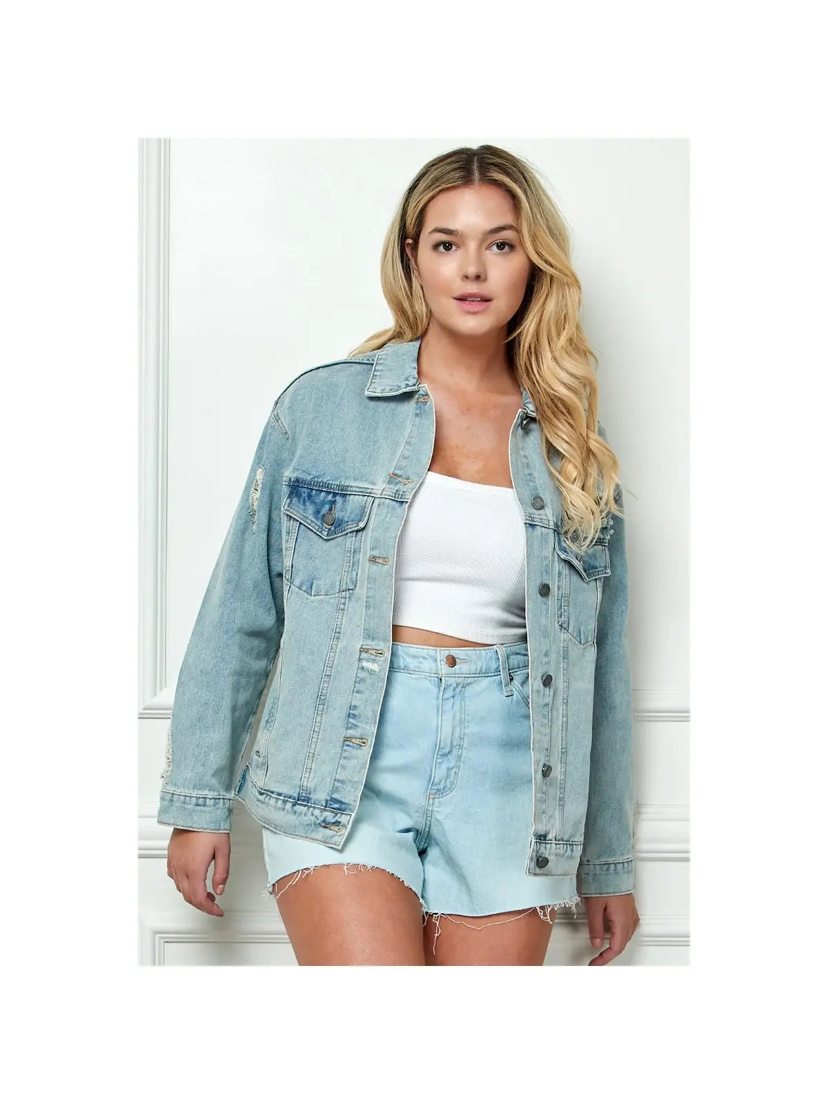 Oversized Medium Wash Distressed Denim Jacket Plus Size