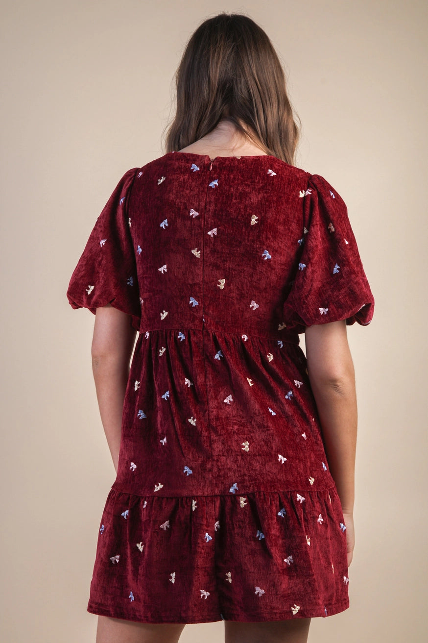 Serena Bow Embroidery Velvet Mini Dress