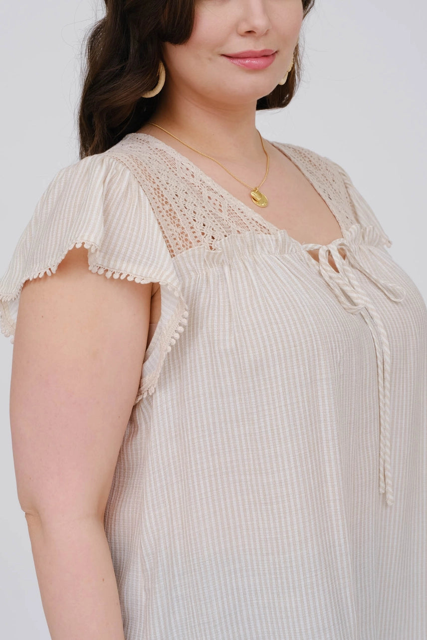 Sophie Striped Lace Yolk Short Sleeve Top