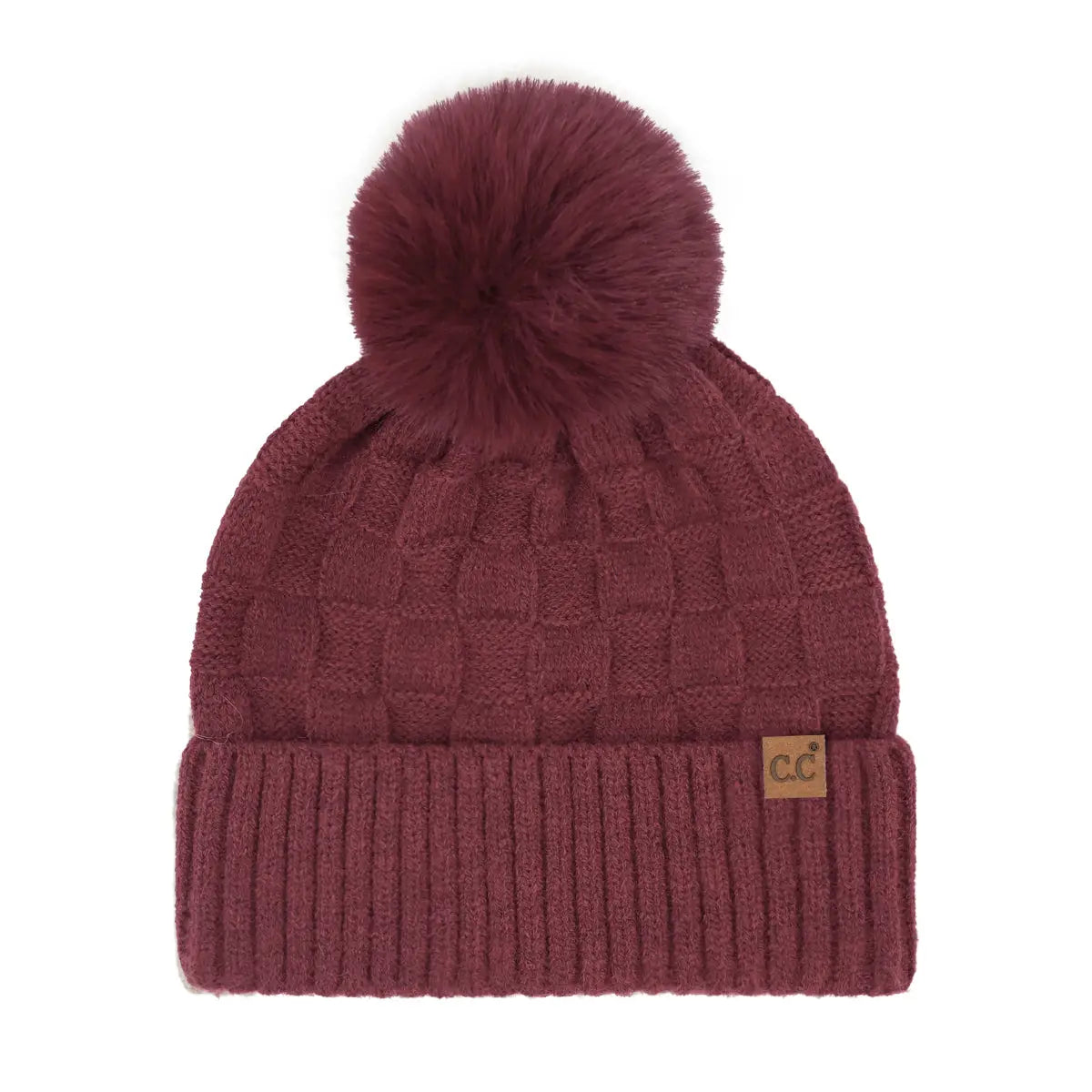 Burgundy Woven Checkered Texture Pom Beanie