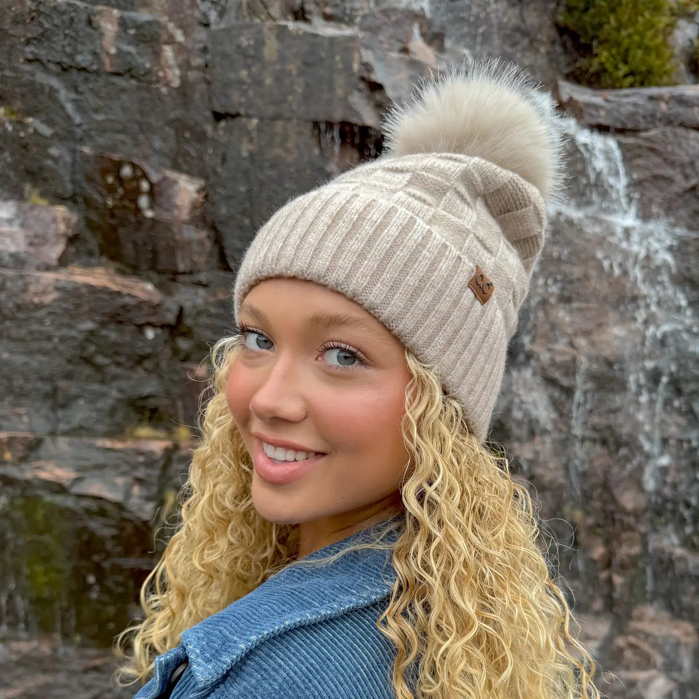 Burgundy Woven Checkered Texture Pom Beanie