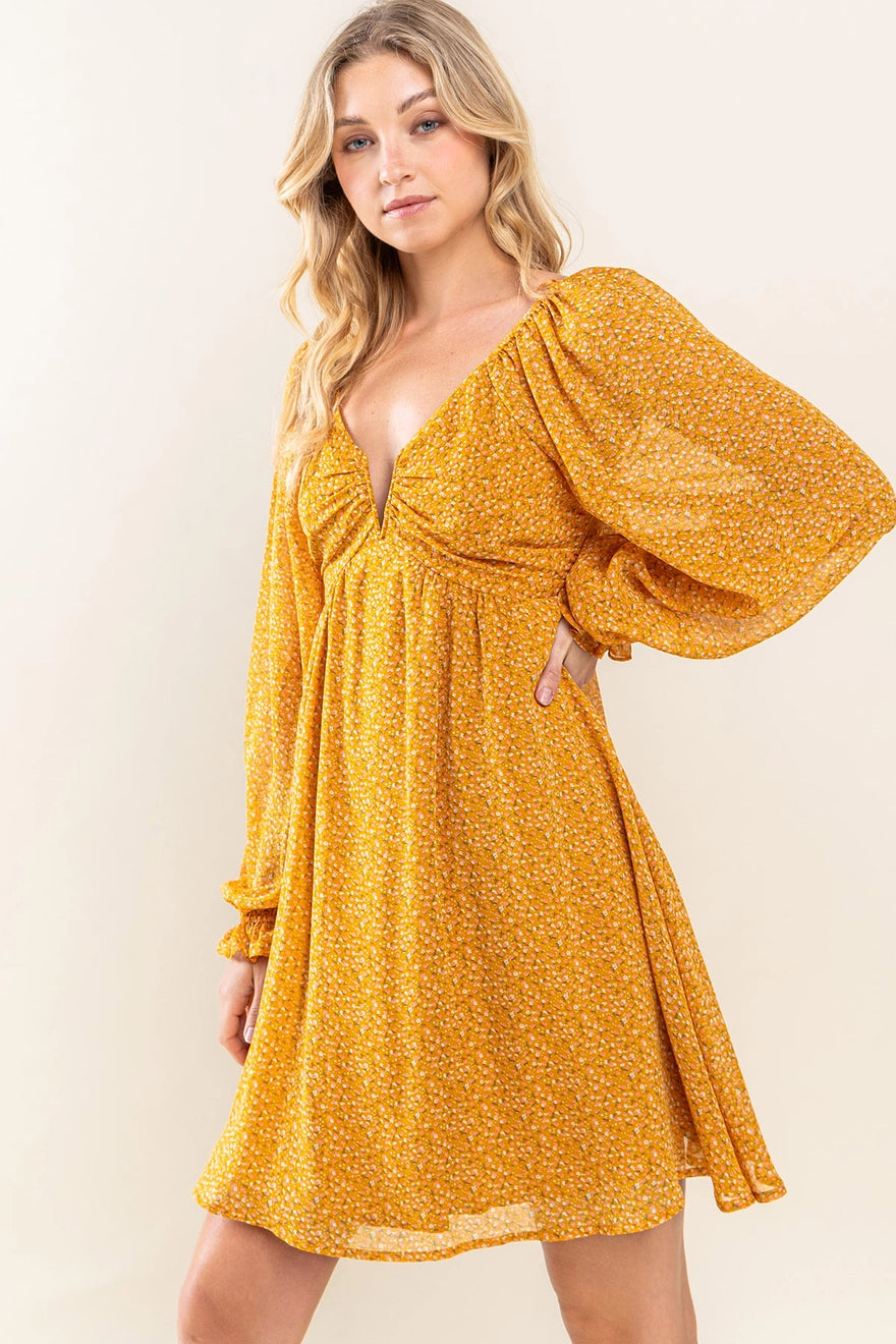 Yellow Floral Chiffon Flare Dress with Open Back