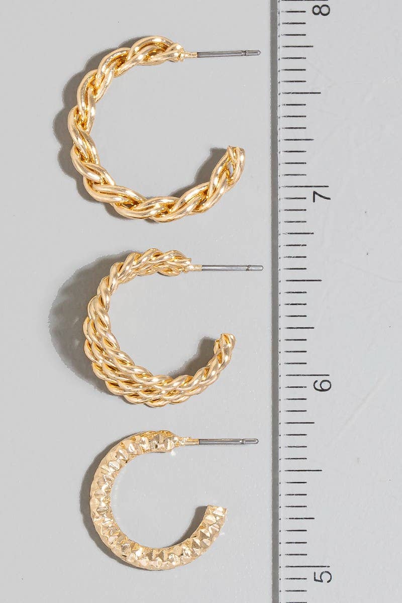 Two Tone Textured Hoop Earrings Set | 6 Pair Set