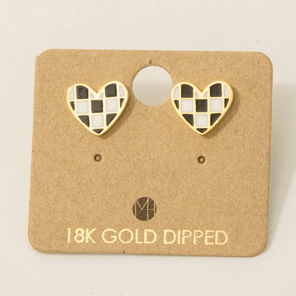 Checkered Heart Stud Earrings | GOLD