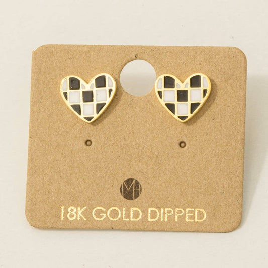 Checkered Heart Stud Earrings | GOLD