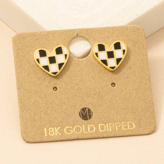 Checkered Heart Stud Earrings | GOLD