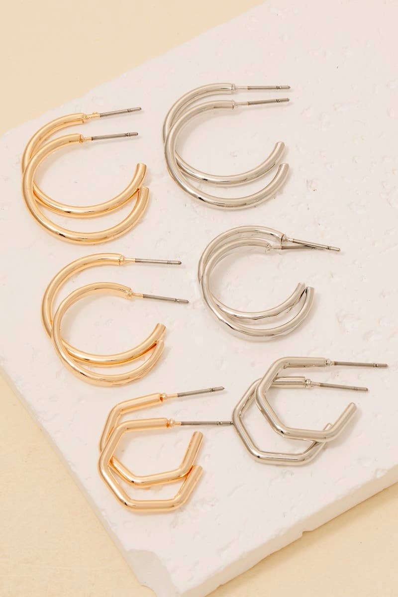 Two Tone Simple Hoop Earrings Set | 6 Pairs