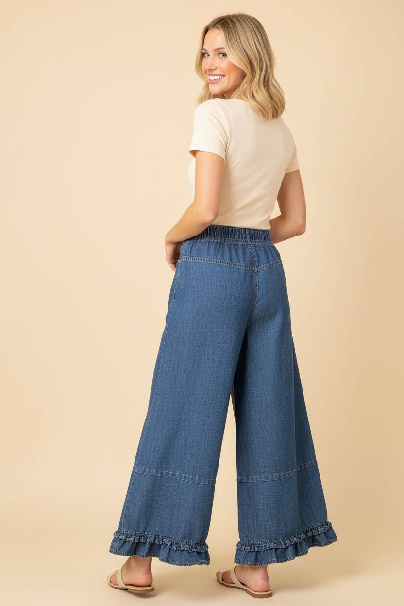 Mandy Ruffle Hem Wide Leg Cropped Denim Pants