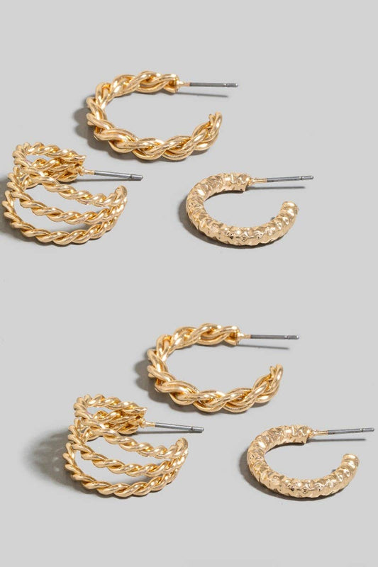Two Tone Textured Hoop Earrings Set | 6 Pair Set