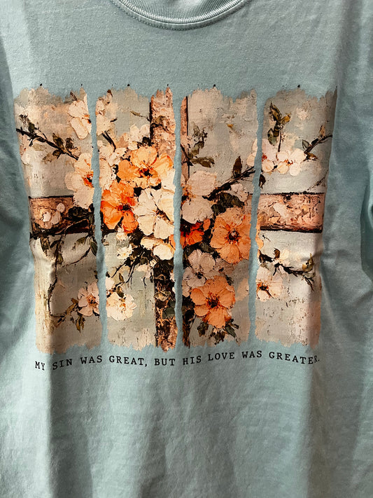 His Love Was Greater Vintage Cross Tee | Easter