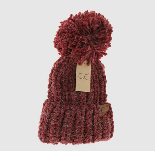Cranberry Chunky Knit Yarn Pom Beanie