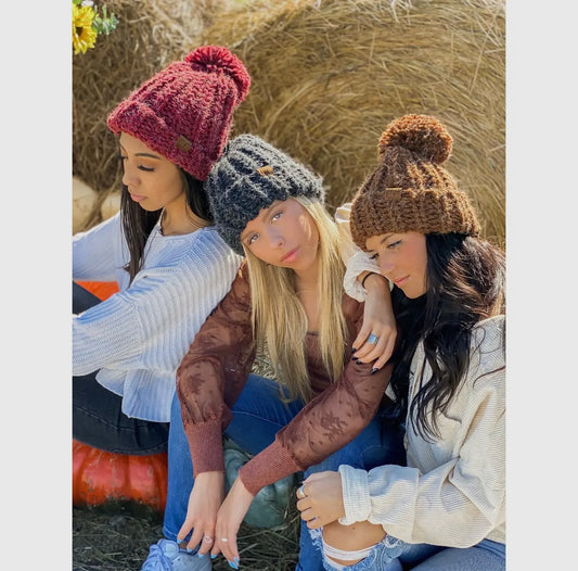 Cranberry Chunky Knit Yarn Pom Beanie