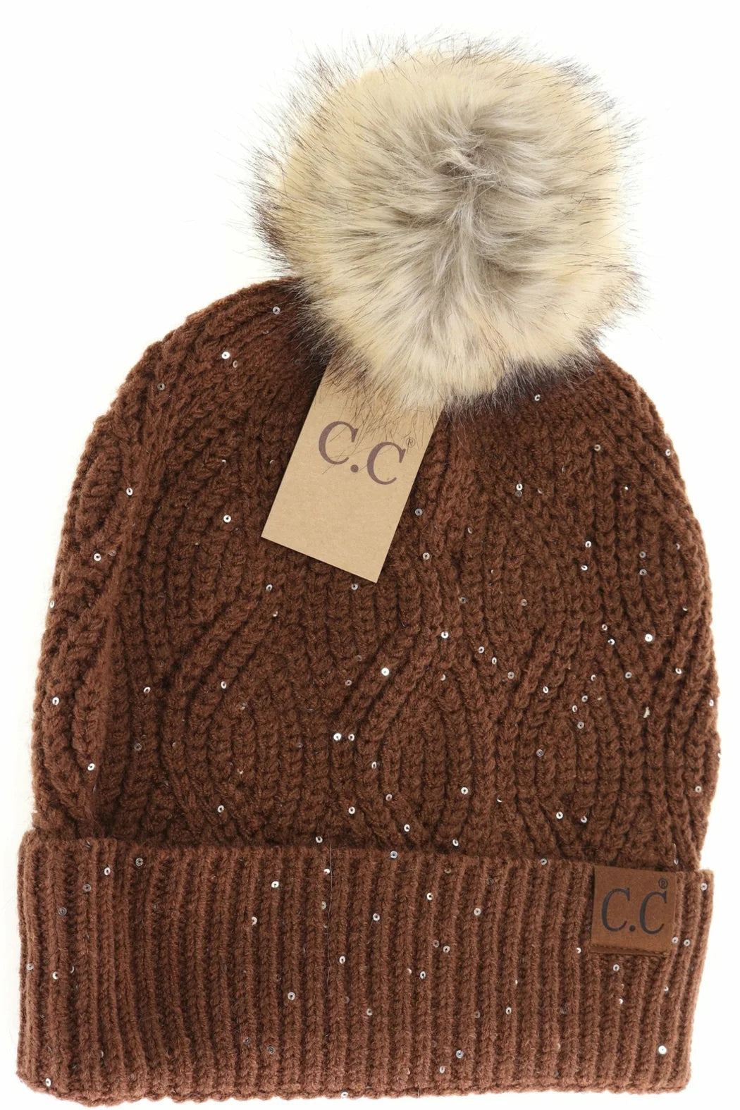 Coffee Sequin Brioche Cable Knit Fur Pom Beanie