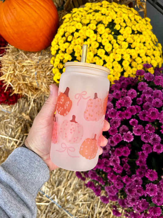 Couquette Pumpkin Glass Tumbler with Bamboo Lid
