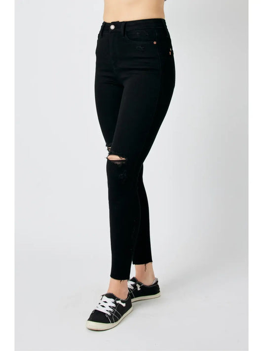 Judy Blue Black Distressed Raw Hem Skinny Jeans