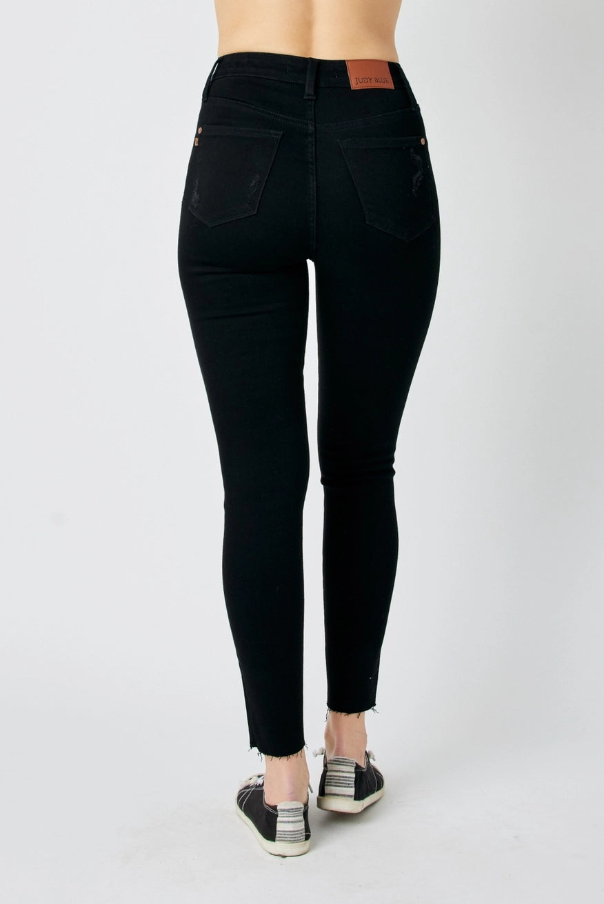 Judy Blue Black Distressed Raw Hem Skinny Jeans