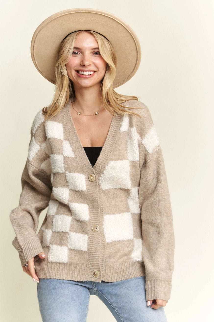 Morgan Puff Checkered Cardigan Sweater