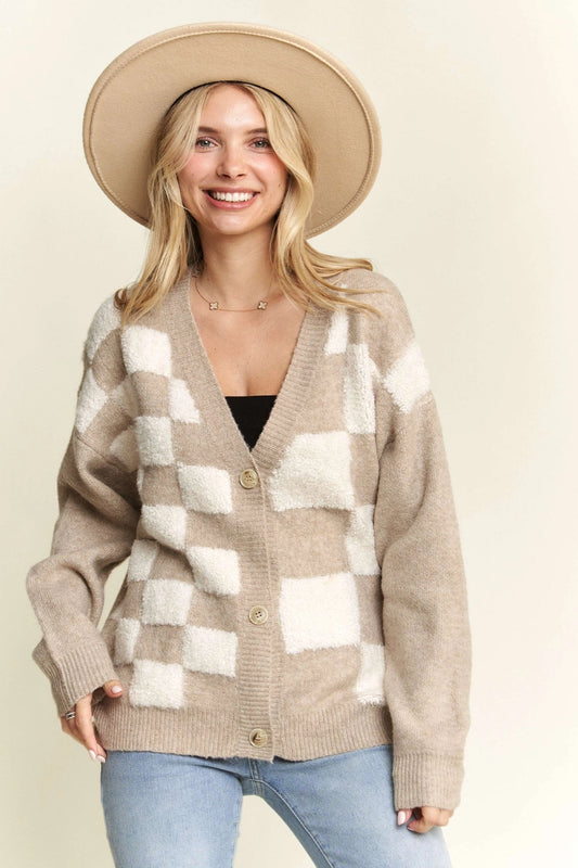 Morgan Puff Checkered Cardigan Sweater