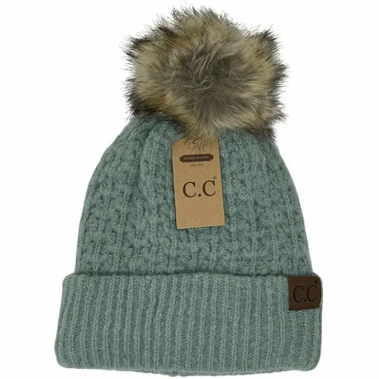 Solid Smocked Stitch Fur Pom Beanie with Fuzzy Inside | MULTIPLE COLORS