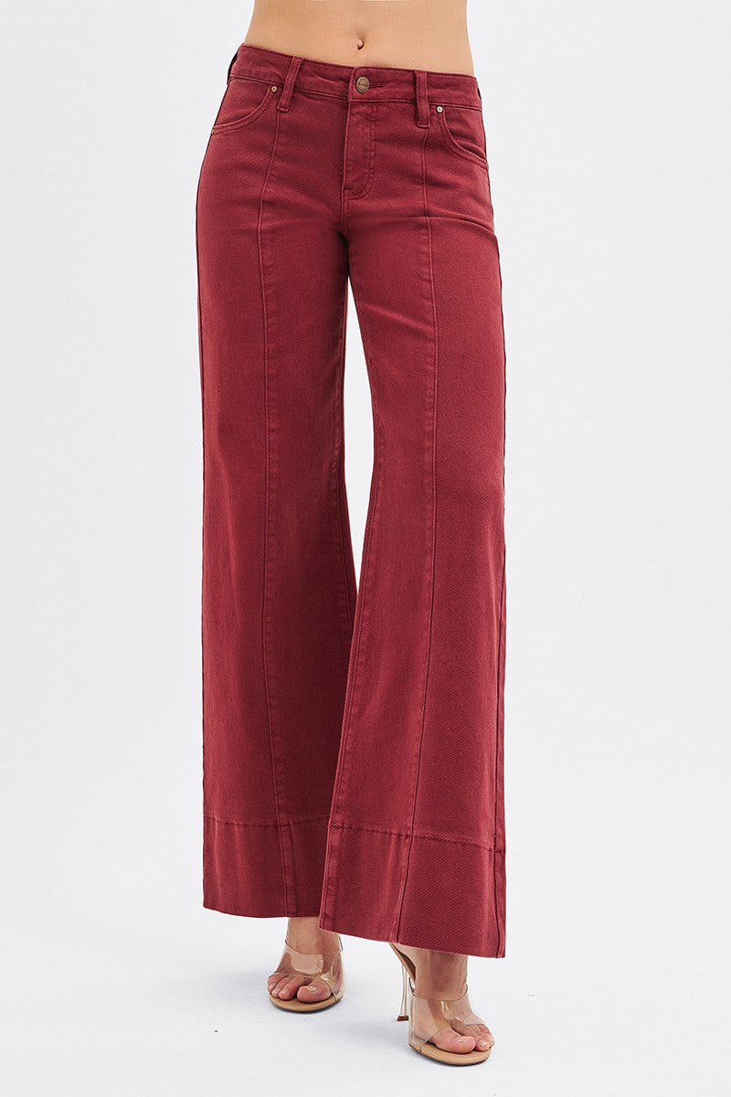Risen Wine Tummy Control Mid Rise Wide Leg Jeans