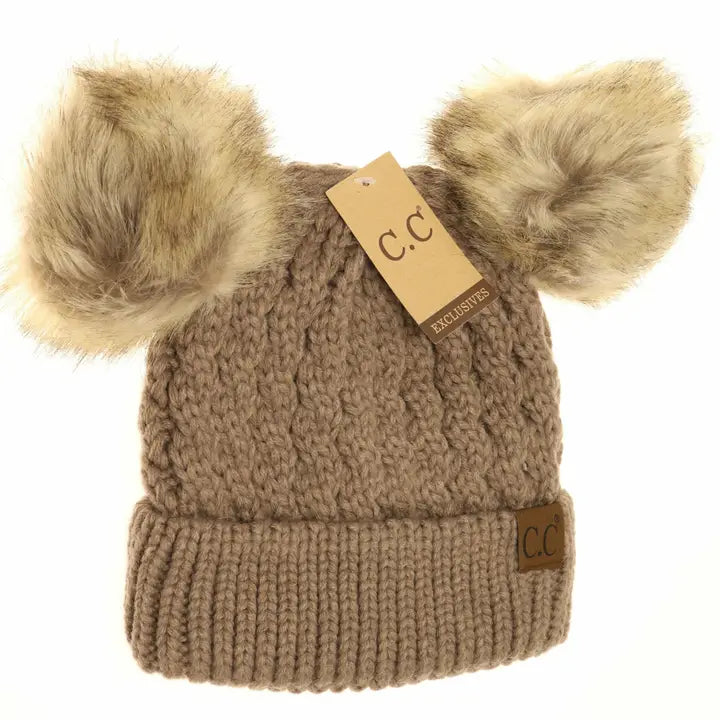 Taupe Cable Knit Double Pom Beanie