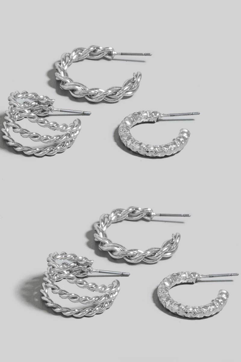 Two Tone Textured Hoop Earrings Set | 6 Pair Set