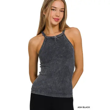 Ash Black Stone Washed Ribbed Seamless Tank Top