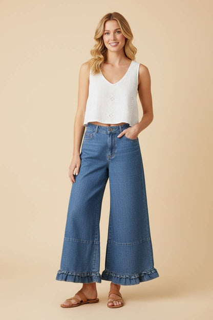 Mandy Ruffle Hem Wide Leg Cropped Denim Pants