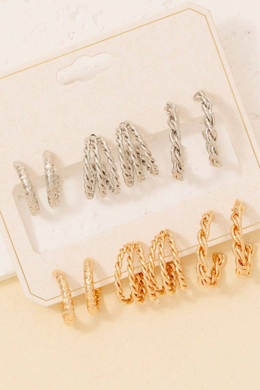 Two Tone Textured Hoop Earrings Set | 6 Pair Set