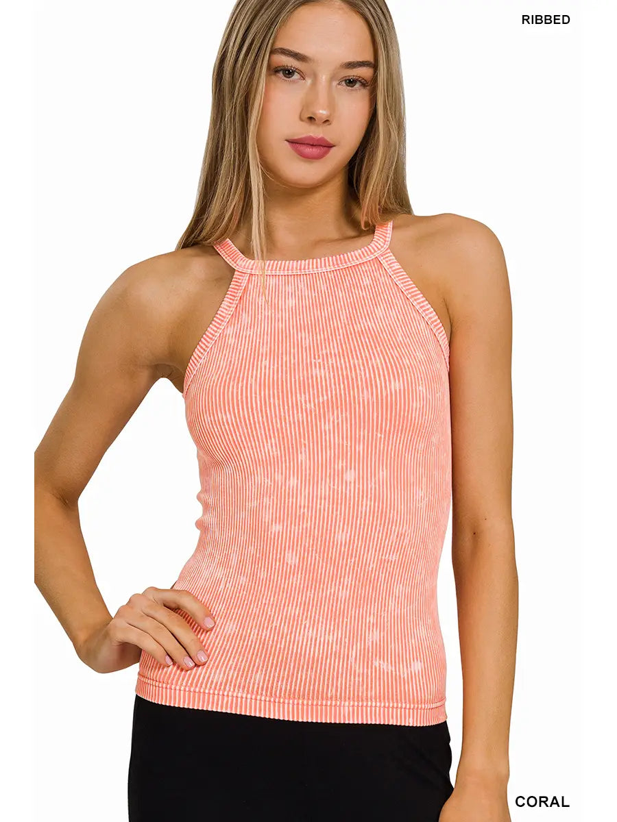 Coral Stone Washed Ribbed Seamless Tank Top