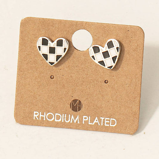 Checkered Heart Stud Earrings | SILVER