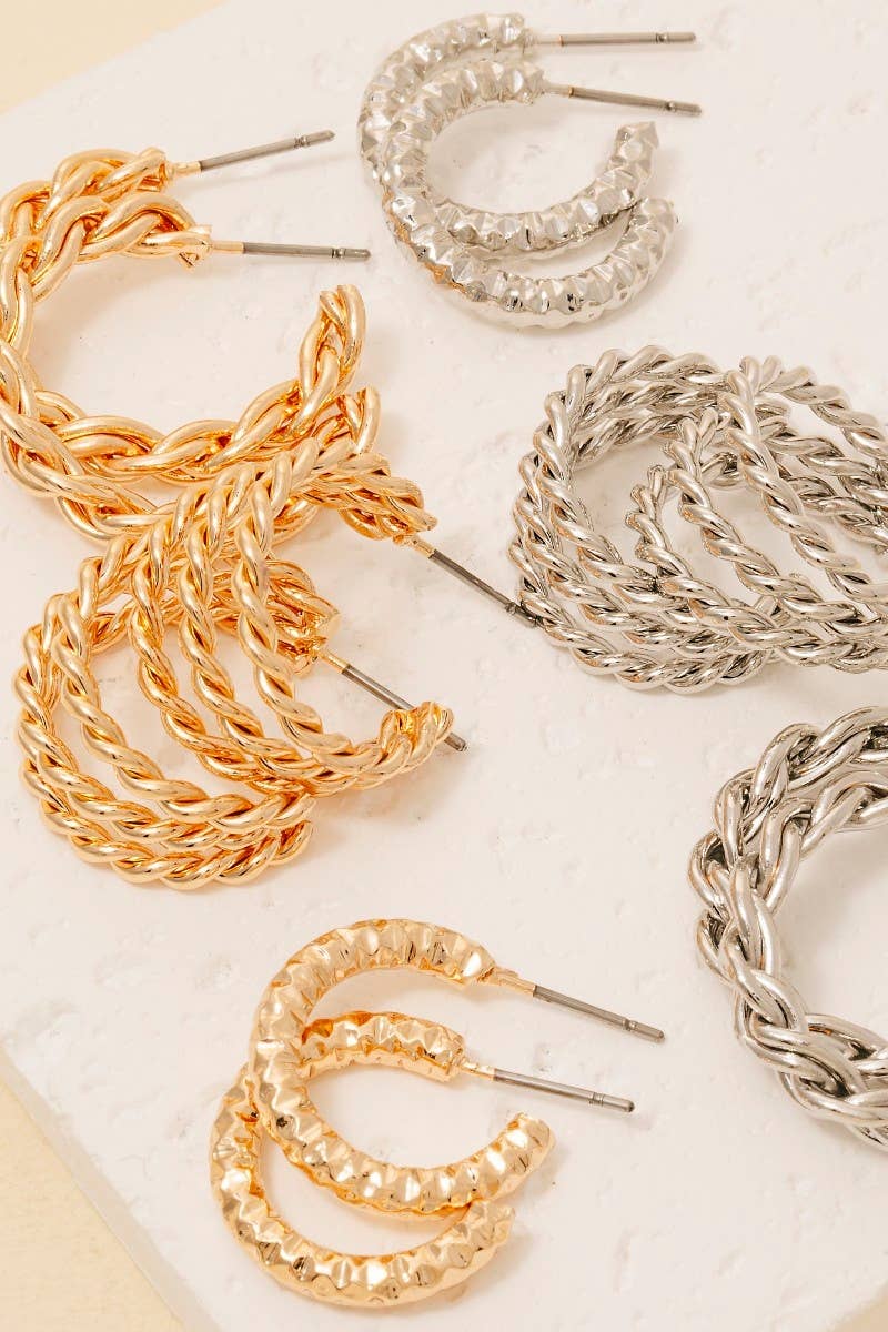Two Tone Textured Hoop Earrings Set | 6 Pair Set