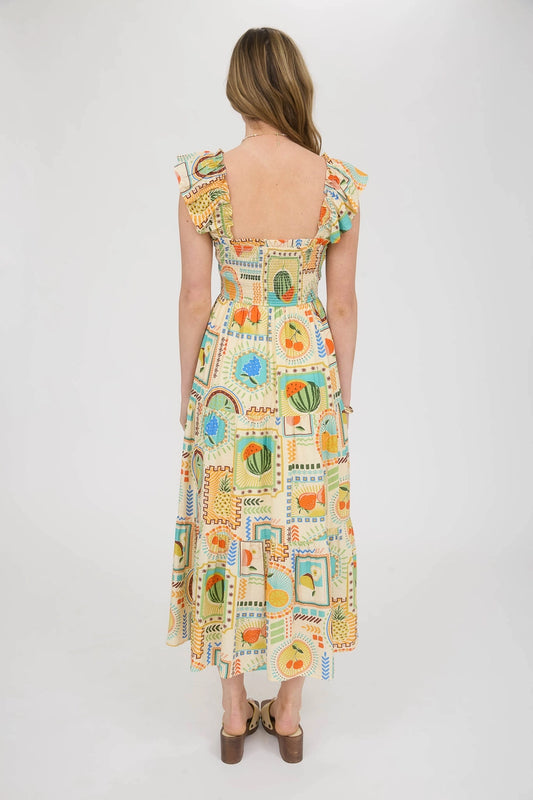 Mia Fruit Print Smocked Midi Dress