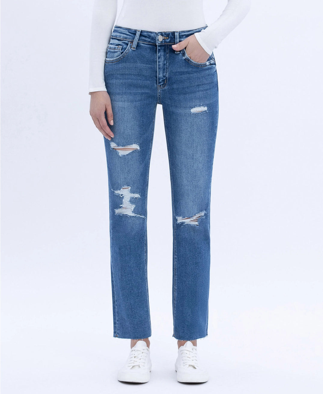 Jeanne High Rise Distressed Slim Straight Jeans | Vervet by Flying Monkey