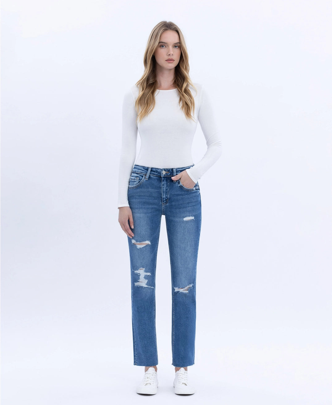Jeanne High Rise Distressed Slim Straight Jeans | Vervet by Flying Monkey