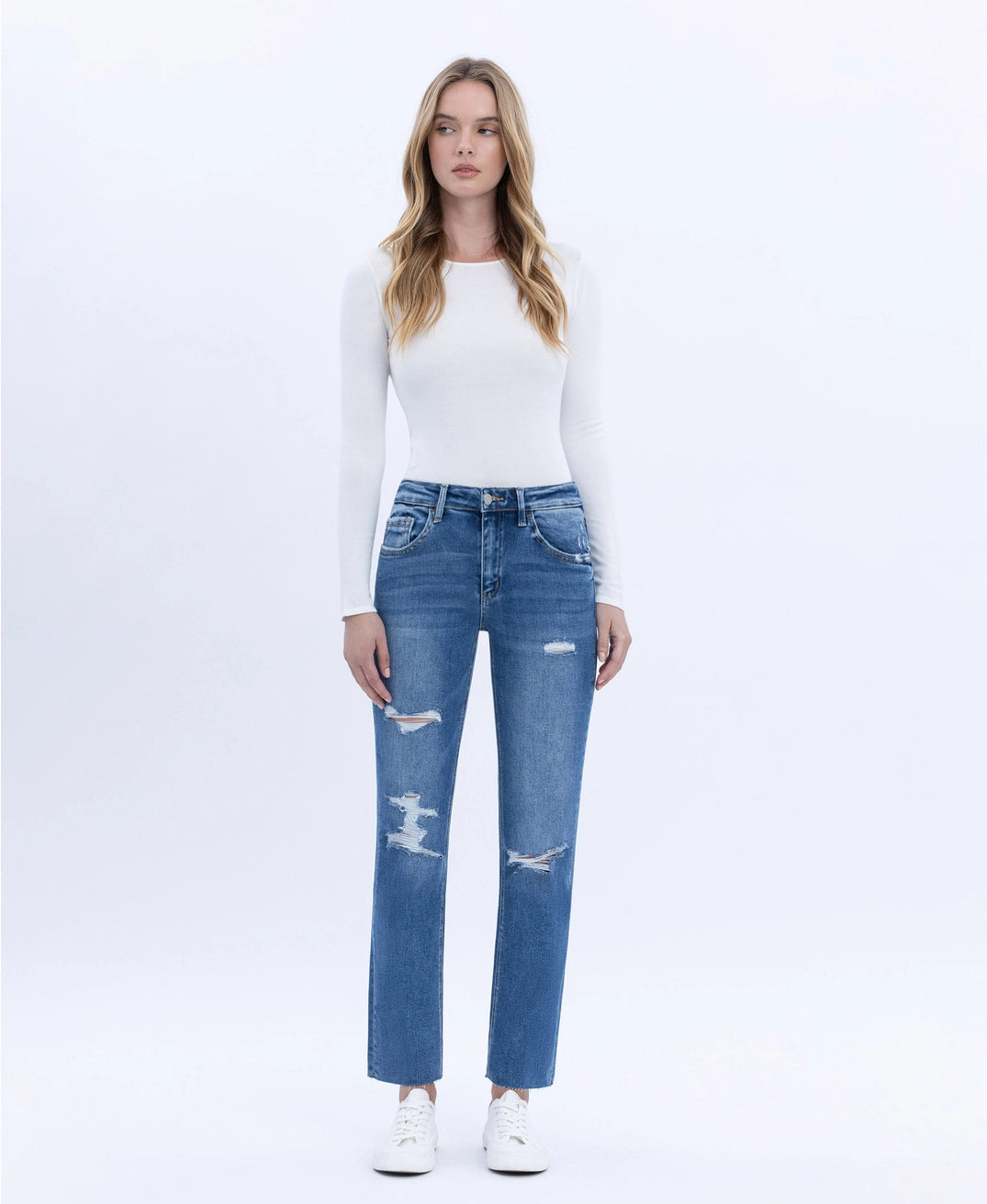Jeanne High Rise Distressed Slim Straight Jeans | Vervet by Flying Monkey