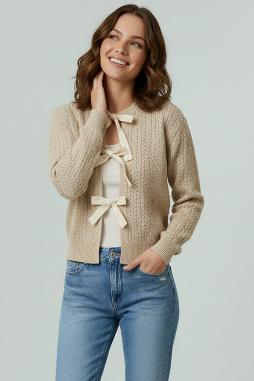 Kori Cable Knit Cardigan with Bow Ties