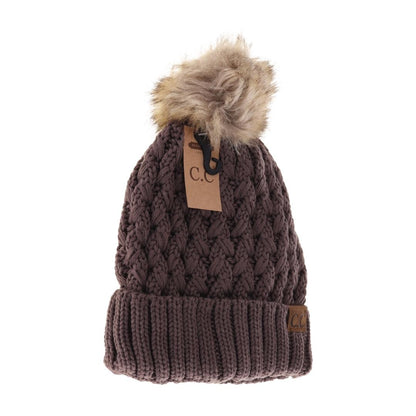 C.C. Solid Lattice Stitch Fur Pom Beanie