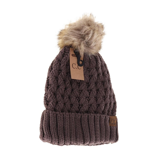 C.C. Solid Lattice Stitch Fur Pom Beanie